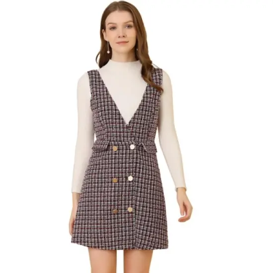 Allegra K Women's Elegant Vintage Button Front V Neck Plaid Tweed Overalls Pinafore Skirts image {8}