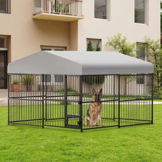 Large Outdoor Dog Kennel, 10x10FT Dog Kennel Outside with 2 Stainless Steel Bowl, Waterproof Cover, Iron Guardrails image {6}