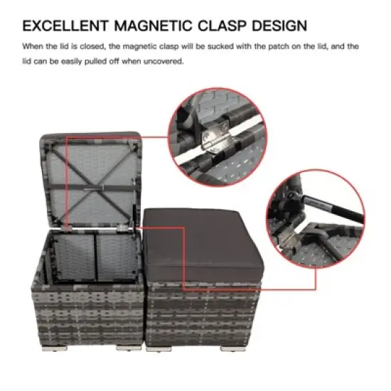 FIONECA All-Weather Outdoor Ottoman with Storage &uml;C PE Wicker Patio Footstool, Gray image {6}