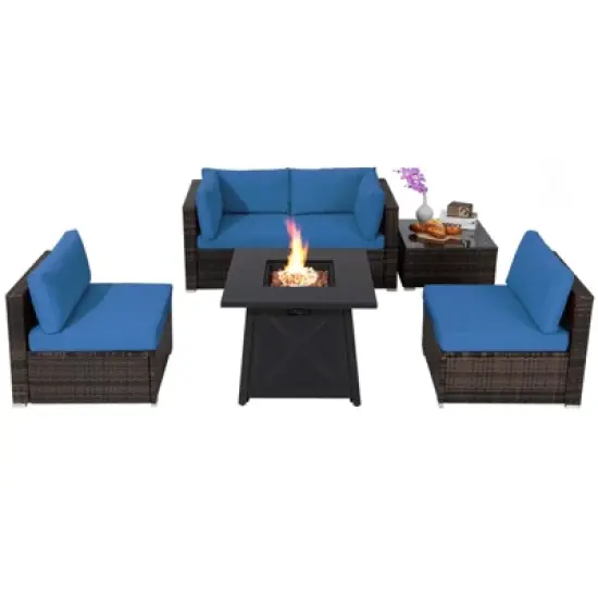 Tangkula 6-Piece Patio Furniture Set w/ 30" Propane Fire Pit Table Outdoor PE Wicker Conversation Set w/ Cushions &Tempered Glass Coffee Table image {11}