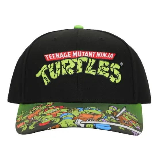 TMNT Classic Retro Cartoon Characters & Logo Men's Black Precurve Snapback Hat image {1}