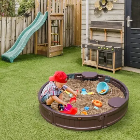 VEVOR Sandbox with Cover, 47.2 x 9.1 in Round Sand Box, HDPE Sand Pit with 3 Corner Seating and Bottom Liner, Gift for Boys Girls Ages 3-12, Brown image {1}
