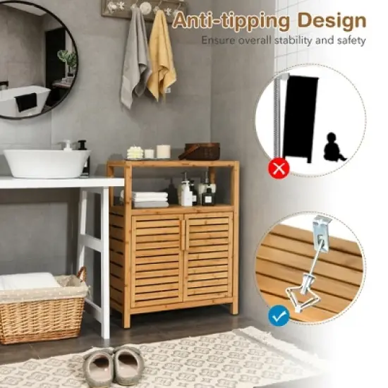 Costway Two-door Bamboo Bathroom Floor Cabinet Storage Organizer w/ Open Shelf image {7}