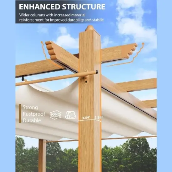10x10ft Outdoor Aluminum Pergola Retractable UPF 50+ Waterproof Canopy, Wood Grain Frame, Tool-Free Assembly image {5}