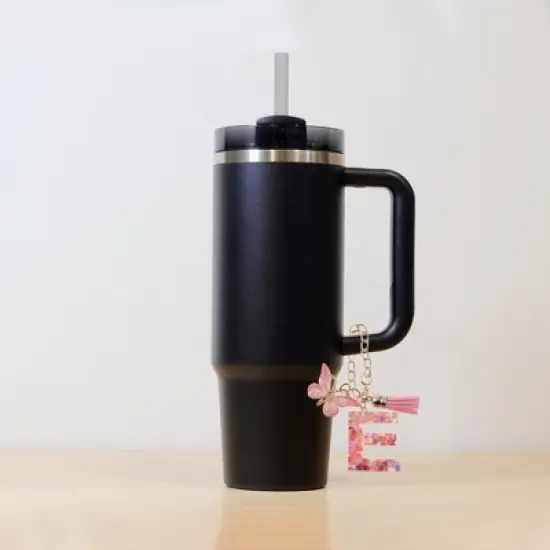 Unique Bargains Heart Sequin Letter E Butterfly Tassel Water Cup Pendant Pink 1 Pc image {2}