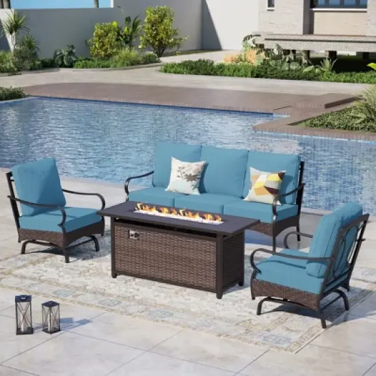 Captiva Designs 4pc Extra Large Metal and Rattan Outdoor Patio Fire Pit Set with Rocking Armchairs image {11}