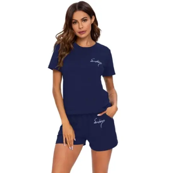 cheibear Womens Sleepwear Crew Neck Nightwear with Shorts Loungewear Pajama Set image {12}