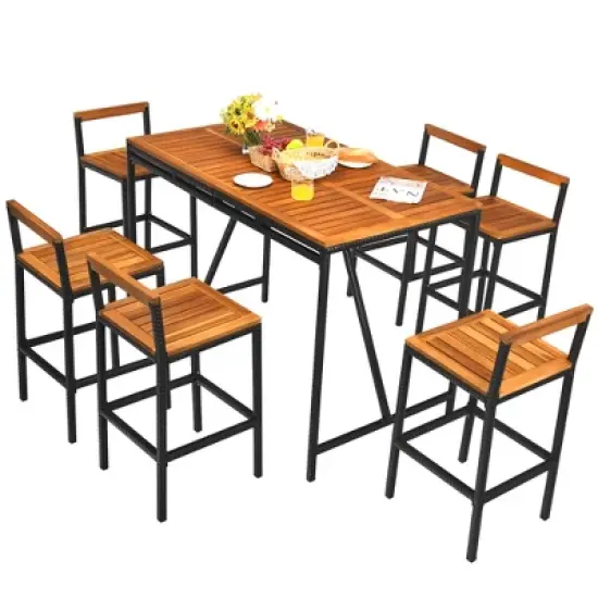 Costway 7PCS Patio Rattan Bar Set Acacia Wood Frame Stools Table Umbrella Hole image {3}