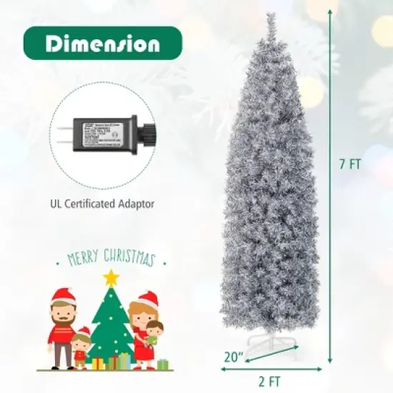 Costway 7 FT Pre-Lit Christmas Tree Hinged Slim Pencil w/ 350 LED Lights 670 Branch Tips image {3}