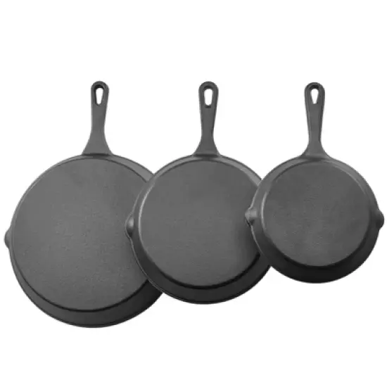 VEVOR Cast Iron Skillet, 3-Piece Frying Pan Set (6, 8, 10 in), Heavy-Duty Skillets with Heat-Resistant Handle, Pre-Seasoned Chef's Pan, Black image {8}