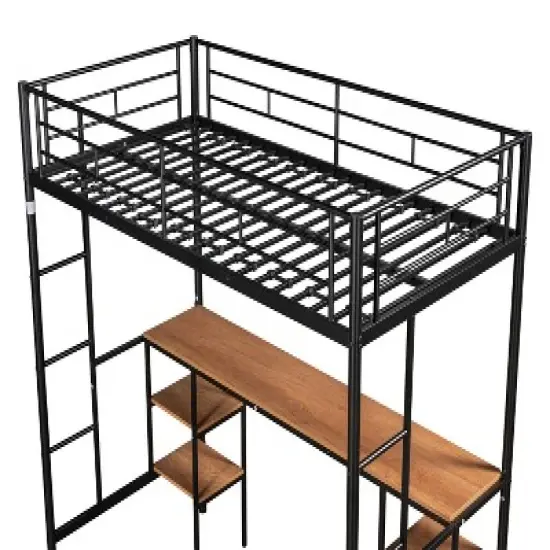 Metal Twin Size Low Loft Bed With Storage Shelf And Table, Black - ModernLuxe image {8}