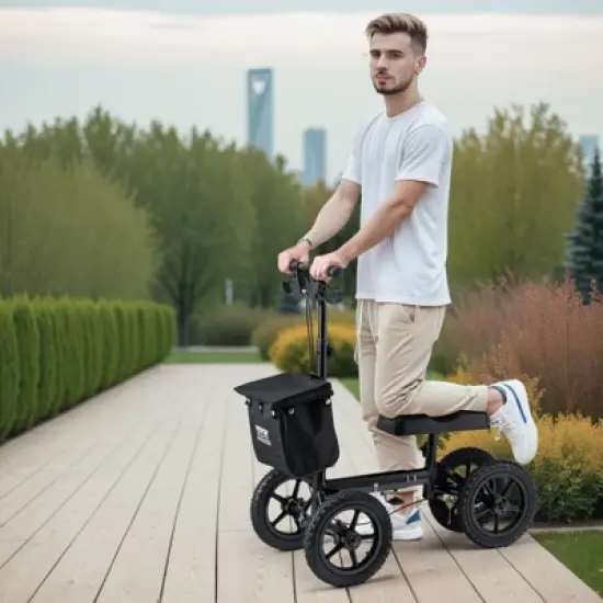 VEVOR Folding Knee Scooter, Aluminum Steerable Knee Walker with Height-Adjustable Handlebar & Knee Pad, 12" All-Terrain Wheels, Dual Brakes, 350LBS image {1}