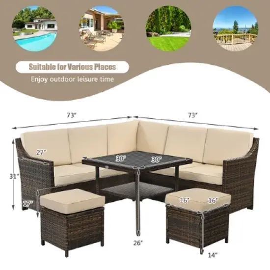 Costway 6PCS Patio Rattan Dining Sofa furniture Set Ottoman Table Lower Shelf image {2}