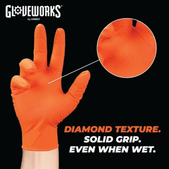 GLOVEWORKS Heavy-Duty Orange Nitrile Gloves with Raised Diamond Texture- Industrial Grade - Great for Auto Repair, Mechanics, Janitorial, Food Service image {3}
