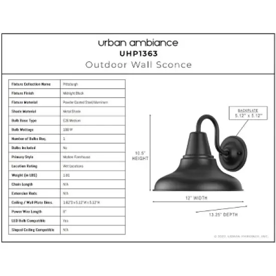 Urban Ambiance Luxury Industrial Outdoor Wall Sconce 10.5''H x 12''W,  Midnight Black Finish,  Pittsburgh Collection, UHP1363 image {3}
