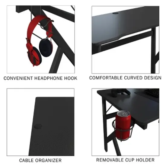Lavish Home Gaming Computer Desk with Cup Holder, Headphone Hanger, Cable Management, Black image {1}