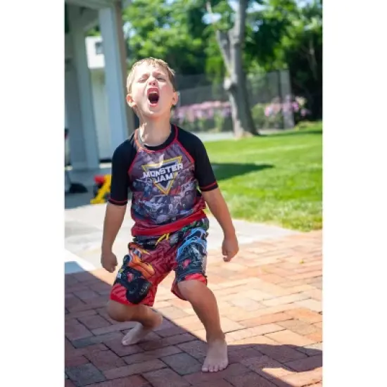 Monster Jam Maximum Destruction Megalodon El Toro Loco Grave Digger Rash Guard and Swim Trunks Outfit Set Toddler to Little Kid image {1}