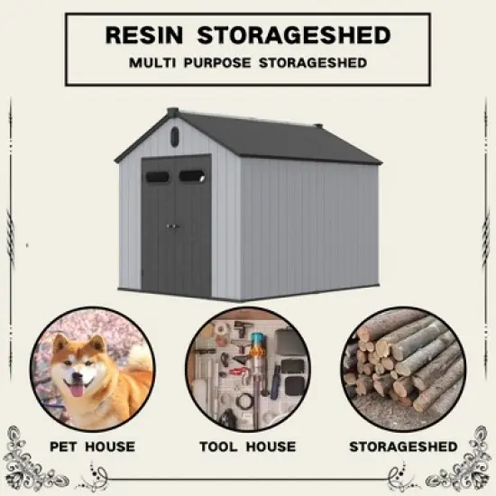 XWT013-1 8*10ft resin plastic storage shed for backyard garden big spire Tool storage image {4}