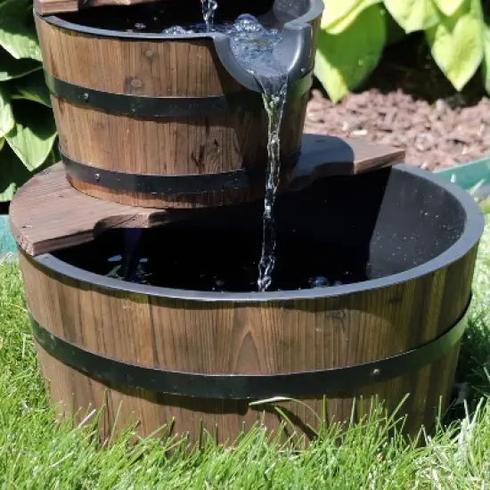 Sunnydaze Electric Fir Wood 2-Tier Farmhouse Barrel with Metal Decorative Hand Pump Outdoor Water Fountain image {5}