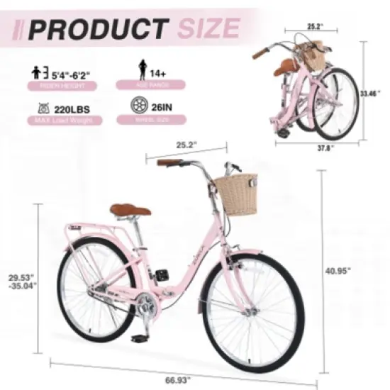 INFURNIC Bicycles 26" Single Speed Folding Lady Bike Durable Steel Frame Compact Design for Easy Storage and Commuting, Pink, 69.93"*25.2"*40.95" image {2}
