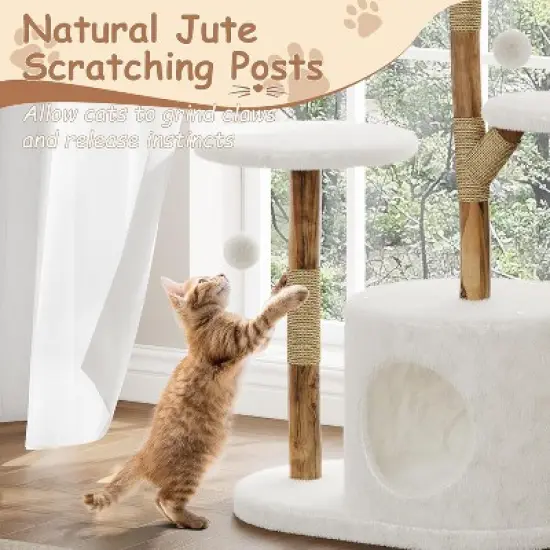 43" Natural Wood Cat Tree w/Real Branch Design, Multi-Level Tower, Large Basket & Scratching Posts, 1 or 2 Perch Options for Large Cats image {6}