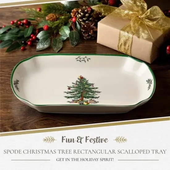 Spode Christmas Tree 11-Inch Rectangular Scalloped Tray, Stoneware Holiday Serving Platter - Festive Tableware - Dishwasher, Microwave, Freezer Safe image {1}