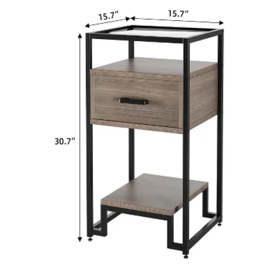 GustoWave 1PCS Nightstands with Storage Drawer, 3-Tier Shelving,  for Bedroom, Dorm，Black and Rustic Brown image {2}