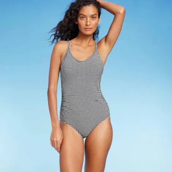 Women's Textured Gingham Ruched Full Coverage One Piece Swimsuit - Kona Sol&trade; Black image {6}