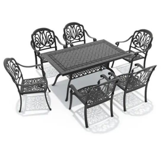 7-Piece Durable Cast Aluminum Outdoor Dining Set - Rectangle Table & Stackable Chairs Comfortable Brown Cushions - Perfect Patio & Backyard Furniture image {2}