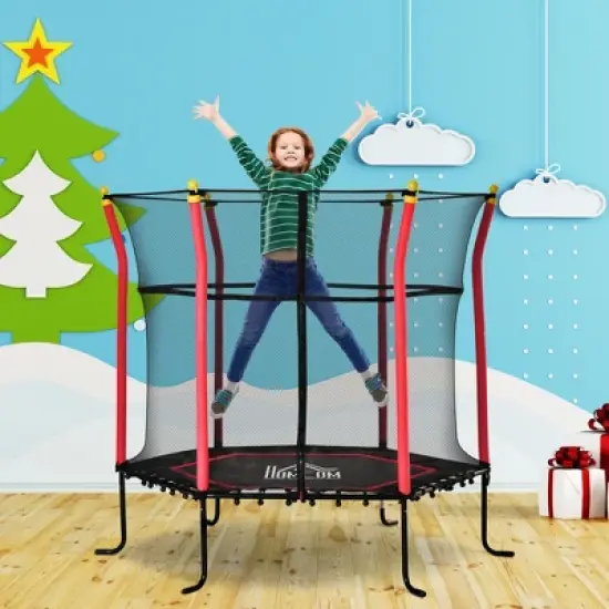 DSVIMOY Trampoline, 63" Kids trampolines with Safety Enclosure, Indoor Outdoor Round Bouncer with Net, Red, 63"*63"*64.3" image {2}