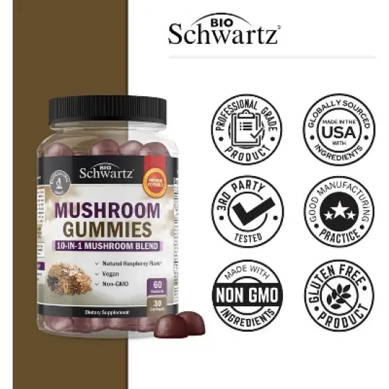 Mushroom Gummies for Adults, 10in1 Mushroom Supplement for Mood and Focus with Lions Mane, Turkey Tail, & More, Raspberry Flavor, Bioschwartz, 60ct image {4}