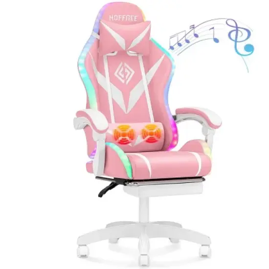 Hoffree Upholstered Massage Gaming Chair Ergonomic Office PC Chair with Bluetooth Speaker & RGB Light image {14}