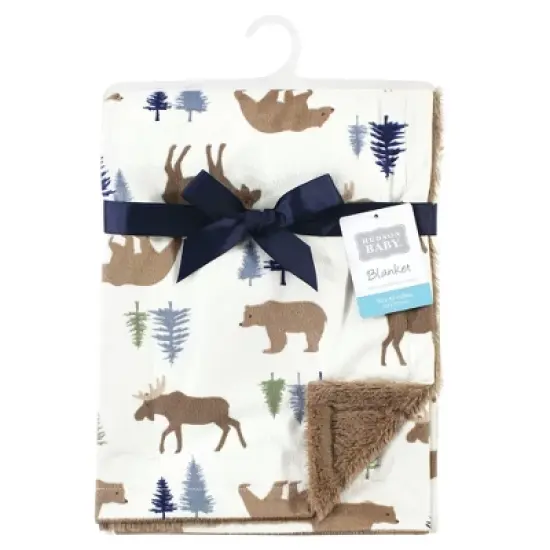 Hudson Baby Infant Boy Plush Blanket with Furry Binding and Back, Moose Bear, One Size image {1}
