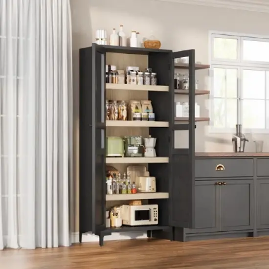 Tall Storage Cabinet with Glass Doors, 63" Height, Adjustable Shelf, Light Oak Wood, Multi-Purpose Organizer image {3}