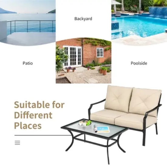 Costway 2 PCS Patio Loveseat with Coffee Table Outdoor Sofa Bench with Cushions image {4}