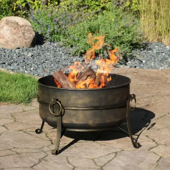 Sunnydaze Outdoor Camping or Backyard Round Cauldron Fire Pit with Spark Screen, Log Poker, and Metal Wood Grate image {6}
