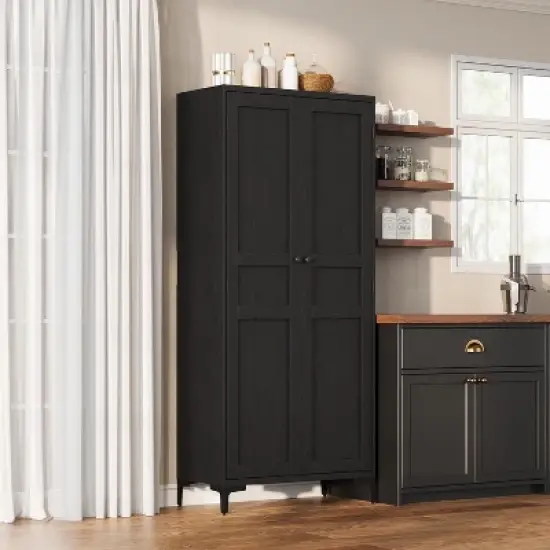 Coucheta Tall Kitchen Pantry Cabinet, 5 Tier Freestanding Cabinet with 2 Doors and Adjustable Shelves for Kitchen, Dining Room, Bathroom，black image {3}