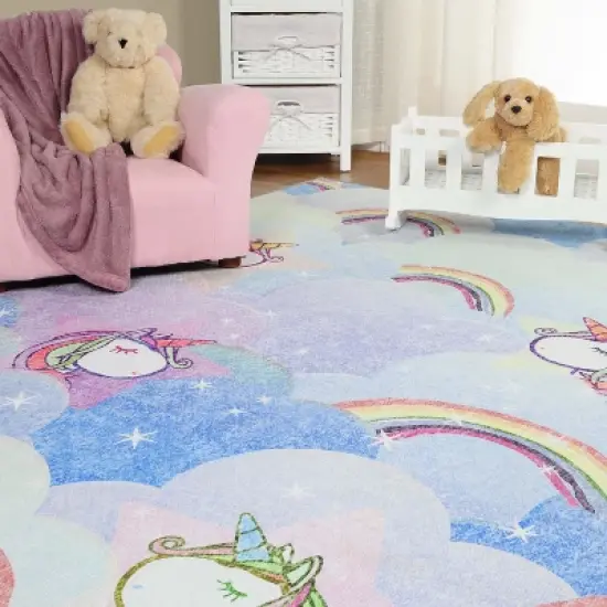 Unicorn Rainbow Colorful Kids Playroom Nursery Washable Indoor Area Rug by Blue Nile Mills image {9}
