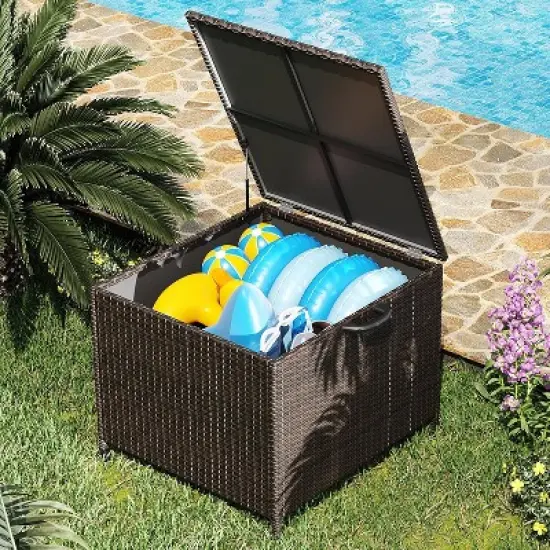 WhizMax Outdoor Storage Box, 80 Gallon Deck Box, Waterproof PE Rattan Storage Bench for Patio Cushions, Gardening Tools, Pool Accessories, Brown image {5}