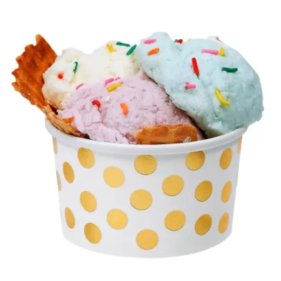 Juvale 100 Pack Paper Ice Cream Cups, Disposable Dessert Bowls with Gold Polka Dots for Sundae Bar, Frozen Yogurt, White, 8 oz image {3}