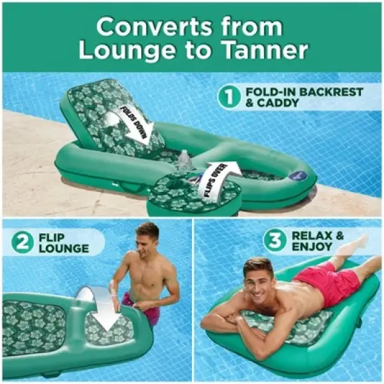 Aqua Leisure Campania 2 in 1 Convertible Water Lounger Pool Inflatable with Aqua Heavy Duty Dual Action Hand Pump with 4 Nozzle Adapters Attachments image {3}