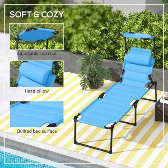 TIRAMISUBEST Set of 2 Adjustable Lounge Chairs - Outdoor Folding Chaise Lounges with Sunshade Roof, Cushioned Headrest (Light Blue) image {6}