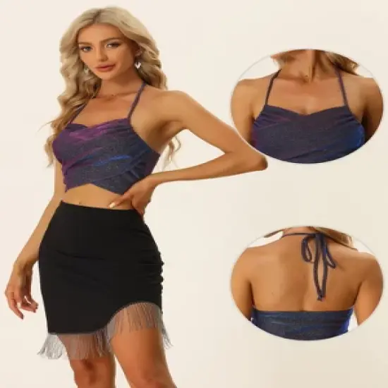 Allegra K Open Back Glitter Tops for Women's Sleeveless Crossover Backless Glitter Halter Top image {1}