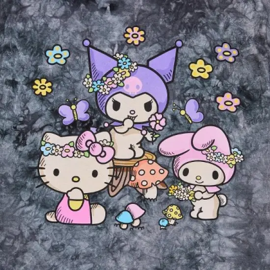 Kuromi, My Melody and Hello Kitty Puff Print Mushroom Scene Women's Black Cloud Wash Crew Neck Short Sleeve T-shirt image {4}