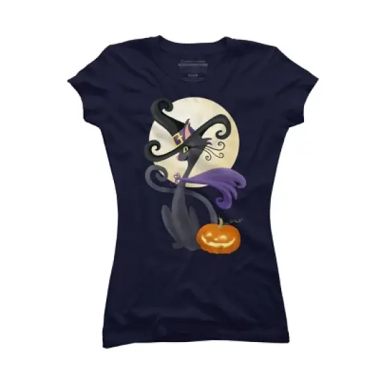 Junior's Design By Humans Bewitching Black Halloween Kitty Cat By LittleBunnySunshine T-Shirt image {5}