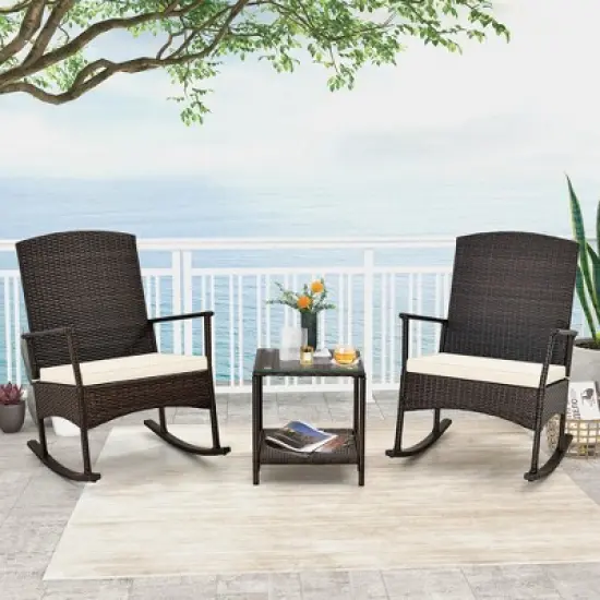Costway 3 Piece Patio Rocking Set Wicker Rocking Chairs with 2-Tier Coffee Table Turquoise/Off White/Black image {11}