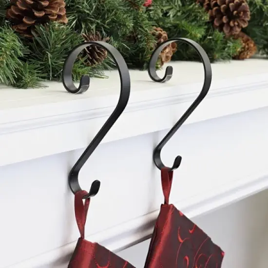 2ct Stocking Holder Matte Black - Stocking Scrolls: Mantle Hook, Swivel Design, Protective Pad image {1}