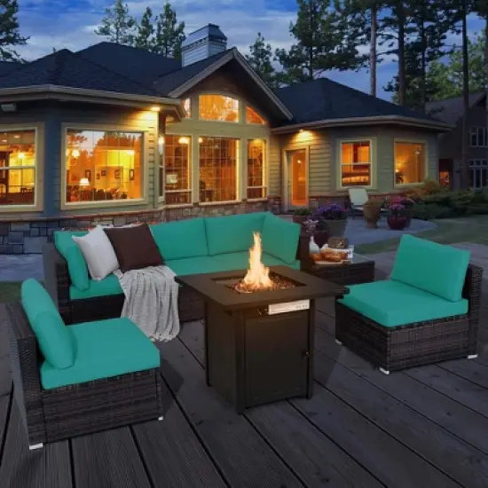 Costway 7 PCS Patio Furniture Set with 28" 50000 BTU Propane Gas Fire Pit Table Cushions Red/Turquoise/Off White image {12}