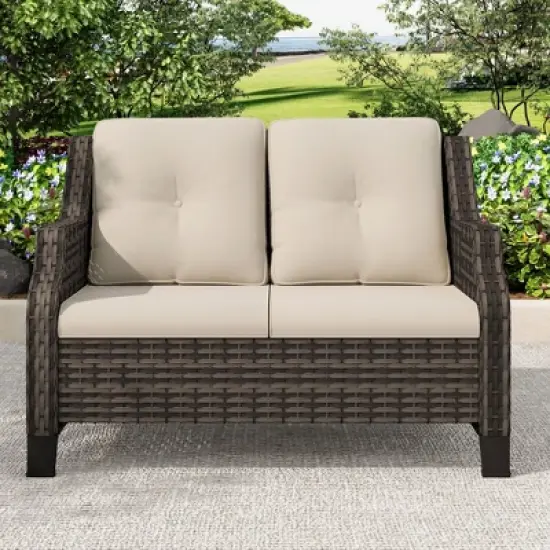 YARDSIGHT Outdoor Wicker Loveseat, 2-Seater Patio Sofa with Thick Cushions, All-Weather Rattan Couch for Garden, Porch, Balcony, Backyard image {9}