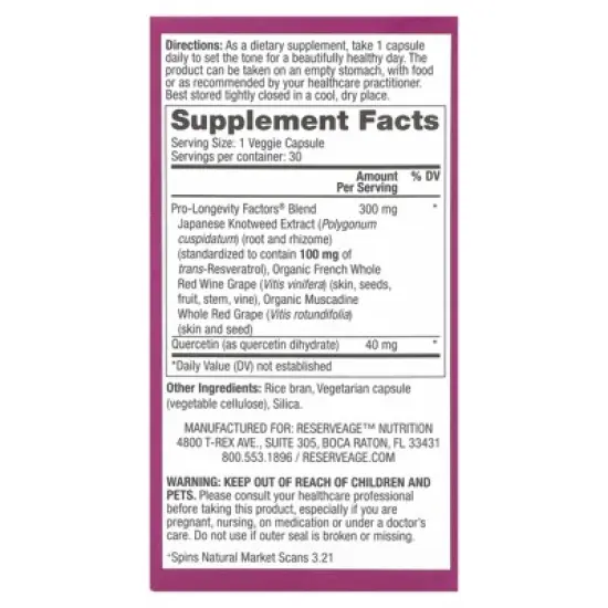 Reserveage Beauty Resveratrol, 30 Veggie Capsules image {1}
